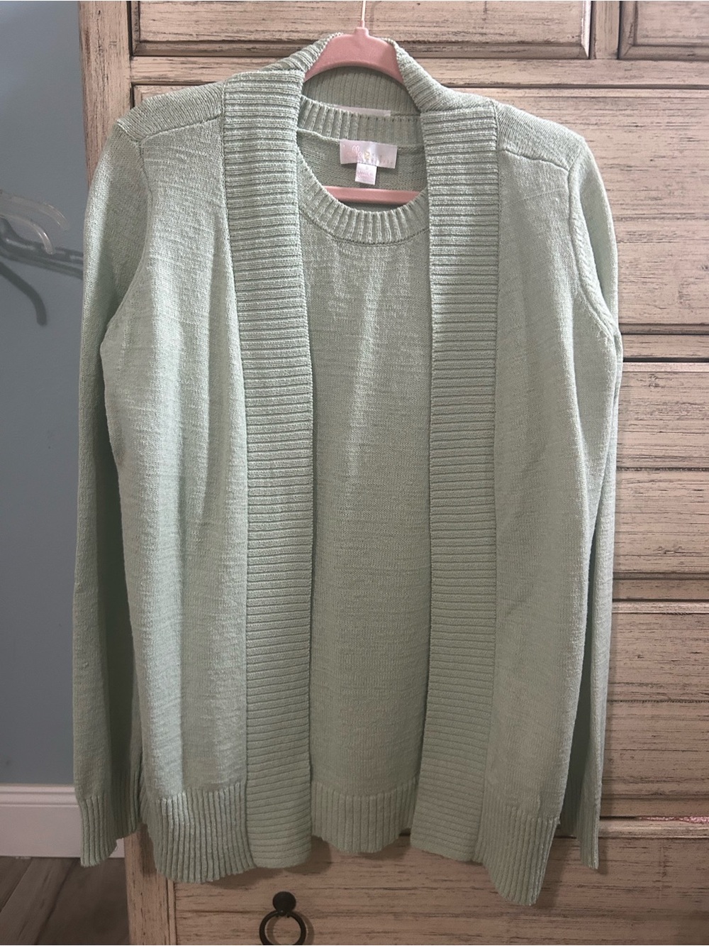 Kim Gravel fresh pointelle sweater tank and open front cardigan in sutle sage.